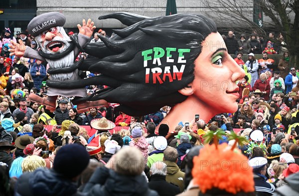 Theme float by Jaques Tilly: Free Iran, Rosenmontagszug in Duesseldorf, North Rhine-Westphalia