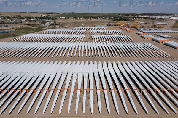 Garden City, Kansas, Wind turbine blades and other turbine parts are stored at the Wind Power Component Distribution Center operated by Transportation Partners and Logistics