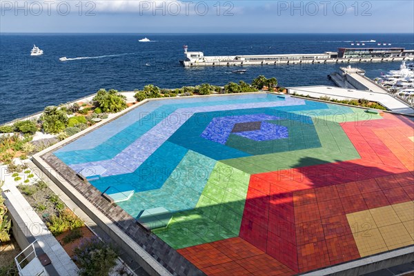 View of Hexa Grace, The sea, the sky and the earth, Le ciel, la mer, la terre, mosaic by Victor Vasarely, 1979, Auditorium, Gardens of the Casino, Monte Carlo, Principality of Monaco