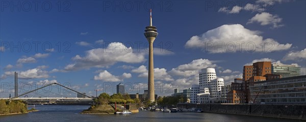 Media Harbour with Rheinkniebruecke, Rheinturm and Neuer Zollhof, Duesseldorf, North Rhine-Westphalia, Germany, Europe