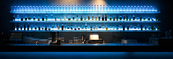 Blue-lit bar, Cube, Art Museum, Koenigsstrasse, Stuttgart, Baden-Wuerttemberg, Germany, Europe