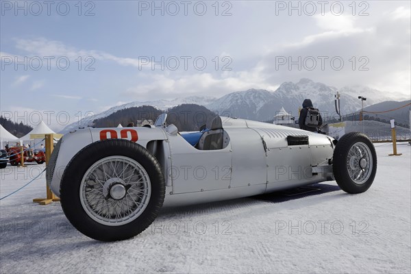 Auto Union C-Type, built 1936 on the frozen lake, faithful replica from the Audi Museum, The ICE, St. Moritz, Engadine, Switzerland, Europe