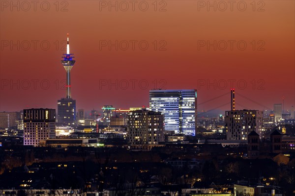 View of the city centre of the state capital Duesseldorf, with Rheinturm, Dreischeibenhaus and Mannesmannhochhaus, Duesseldorf, North Rhine-Westphalia, Germany, Europe