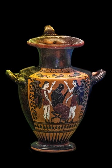 Zeus between two winged creatures, Attic water jar, Hydria, 530-520 BC, Drakidis, Archaeological Museum in the former Order Hospital of the Knights of St John, 15th century, Old Town, Rhodes Town, Greece, Europe