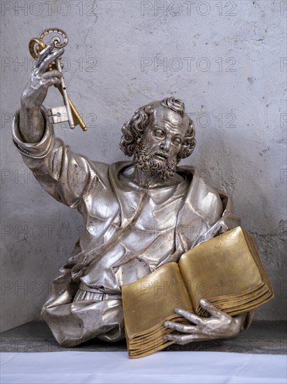 Silver bust of Peter, 18th century, in the Catholic parish church of St. Peter and Paul, former collegiate church, Romanesque columned basilica, Unesco World Heritage Site, Niederzell on the island of Reichenau in Lake Constance, Constance district, Baden-Wuerttemberg, Germany, Europe