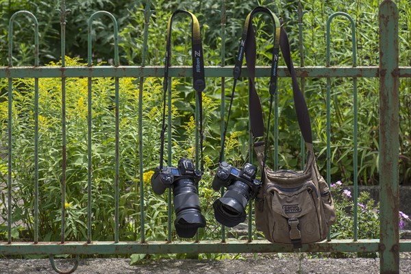 Cameras and photo bag hanging on a garden fence, Bavaria, Germany, Europe