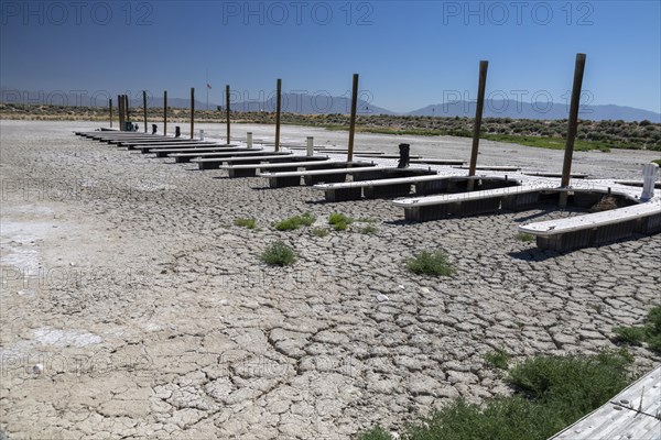 Salt Lake City, Utah, The marina at Antelope Island State Park. The lakes water level has fallen to a historic low