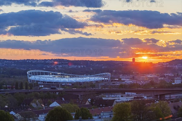 Mercedes Benz Arena, football stadium, sunset, Stuttgart, Baden-Wuerttemberg, Germany, Europe