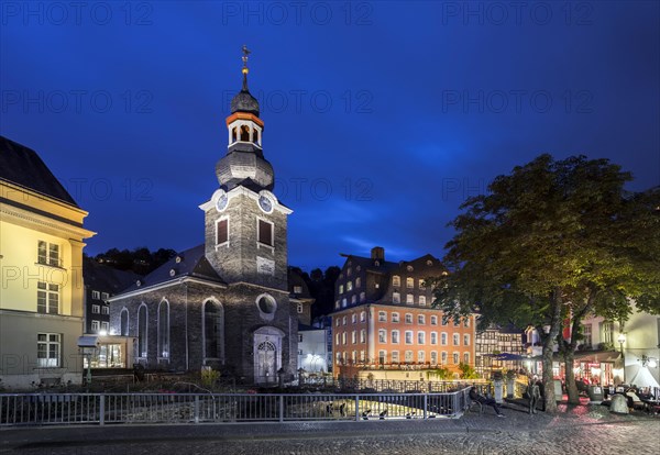 Historic Old Town Monschau, Red House and Protestant Town Church, Eifel, Northern Eifel, Monschau, North Rhine-Westphalia, North Rhine-Westphalia, Germany, Europe