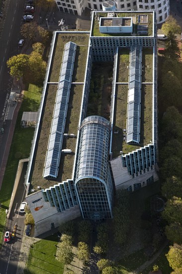 View from the Rhine Tower of the WDR Funkhaus Duesseldorf, North Rhine-Westphalia, Germany, Europe