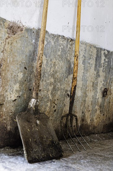 Shovel and pitchfork on a demeter farm in Holzkirchen, 16.06.2022., Holzkirchen, Germany, Europe