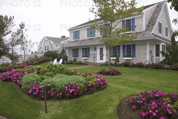 Residence with flower garden, coastal architecture, Cape Cod, Massachusetts, USA, North America