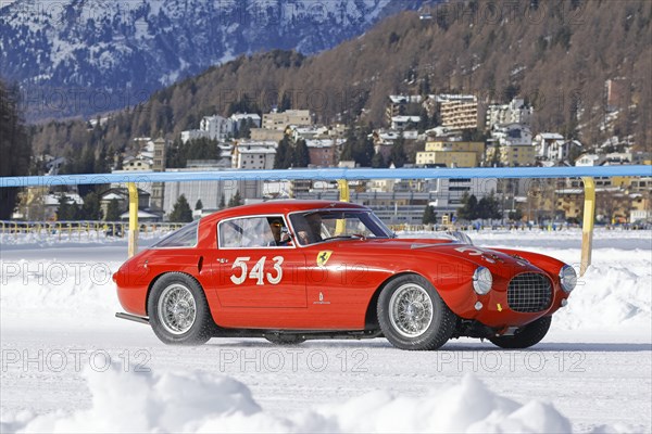 Ferrari 250 MM on the frozen lake, built in 1953, The ICE, St. Moritz, Engadin, Switzerland, Europe