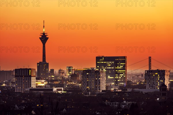 View of the city centre of the state capital Duesseldorf, with Rheinturm, Dreischeibenhaus and Mannesmannhochhaus, Duesseldorf, North Rhine-Westphalia, Germany, Europe