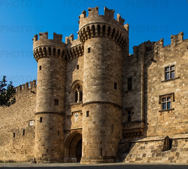 Main portal in sand-lime stone, Grand Masters Palace built in the 14th century by the Johnnite Order, fortress and palace for the Grand Master, UNESCO World Heritage Site, Old Town, Rhodes Town, Greece, Europe