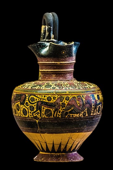 Jug with miniature scenes in black-figure technique, Proto-Corinthian phase 720-550 BC, Archaeological Museum in the former Order Hospital of the Knights of St. John, 15th century, Old Town, Rhodes Town, Greece, Europe