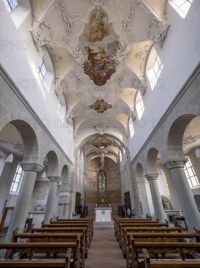 Interior with painted ceiling vault of the Catholic parish church of St. Peter and Paul, former collegiate church, Romanesque columned basilica, Unesco World Heritage Site, Niederzell on the island of Reichenau in Lake Constance, Constance district, Baden-Wuerttemberg, Germany, Europe