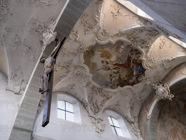 Interior with painted ceiling vault of the Catholic parish church of St. Peter and Paul, former collegiate church, Romanesque columned basilica, Unesco World Heritage Site, Niederzell on the island of Reichenau in Lake Constance, Constance district, Baden-Wuerttemberg, Germany, Europe