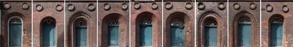 Nine front doors and the family coats of arms on the houses of the members of the Schutztruppe of the Lueneburg Council, 16th century, Reitende-Diener-Strasse, Lueneburg, Lower Saxony, Germany, Europe