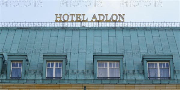 Dormer windows and lettering, Hotel Adlon, Pariser Platz, Berlin, Germany, Europe