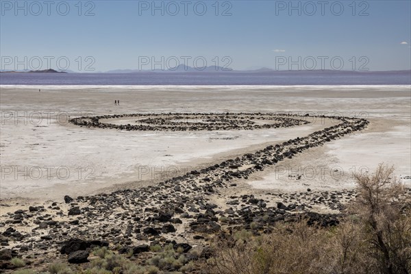 Promontory, Utah, The Spiral Jetty, an earthwork sculpture created by Robert Smithson in 1970 in Great Salt Lake. The sculpture was underwater for 30 years but is now on dry land due to the historic drought affecting the western United States