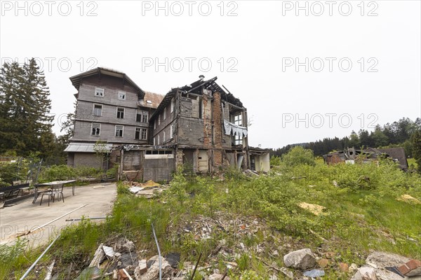Once fashionable luxury hotels on the Black Forest High Road are crumbling and in ruins. One example is the former Hundseck spa hotel near Ottersweier, Baden-Wuerttemberg, Germany, Europe