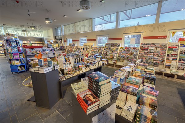 Shelves with magazines, bookshop with world press, Allgaeu, Bavaria, Germany, Europe