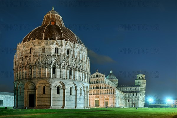 Pisa Miracles Square with Leaning Tower Illuminated Panorama Tuscany Italy