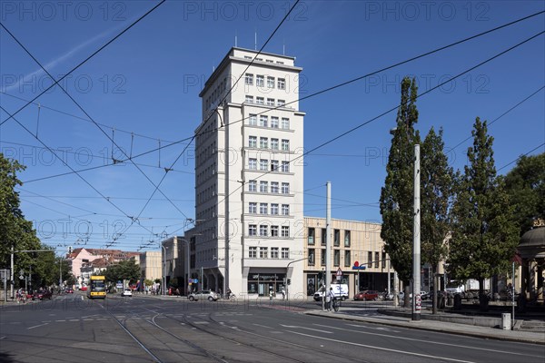 Albertplatz with the DVB high-rise, Dresdens oldest office tower, now the Simmel Centre and the museum Die Welt der DDR, Dresden, Saxony, Germany, Europe