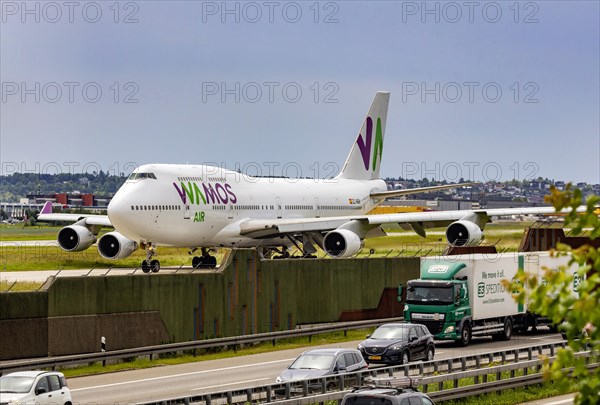 Boeing 747-400 cargo aircraft, taxiway, good infrastructure due to nearby motorway, Stuttgart Airport, Baden-Wuerttemberg, Germany, Europe