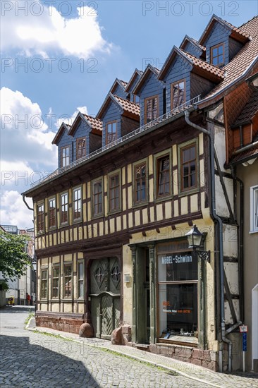 Historic old town, medieval alleys, cobblestones, half-timbered houses, Nordhausen, Thuringia, Germany, Europe