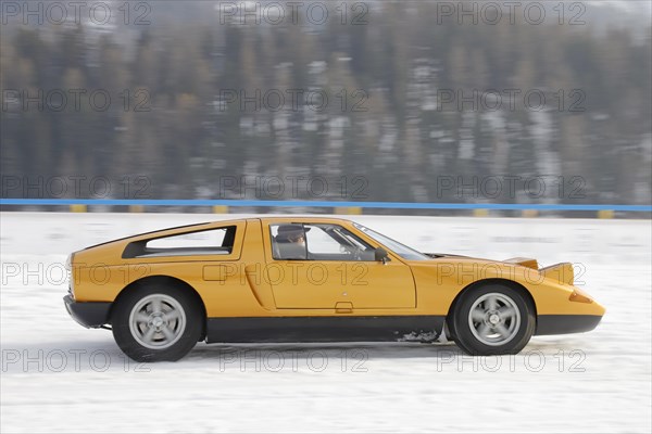 Mercedes-Benz C 111-II by Mercedes Klassik on the frozen lake, built 1970, The ICE, St. Moritz, Engadin, Switzerland, Europe