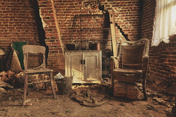 Barn with chairs, Ferme Garou Garou, Lost Place, Belgium, Europe