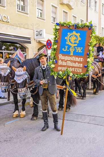 Line-up for the procession, entry of the Wiesnwirte, Trachtler with beer mug and motif board of the Augustiner Brewery, Oktoberfest, Munich, Upper Bavaria, Bavaria, Germany, Europe