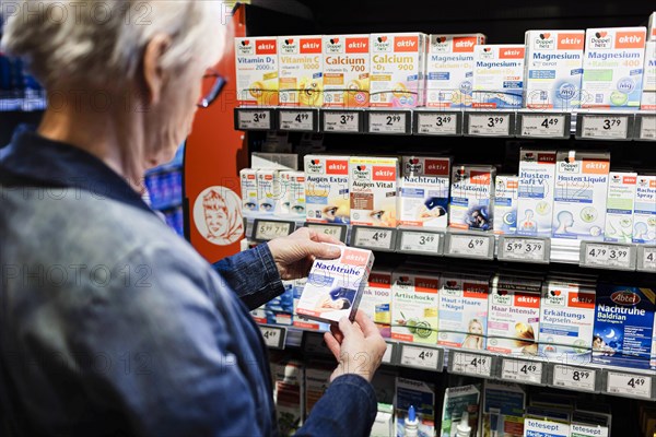 Offer of food supplements in the supermarket. Radevormwald, Germany, Europe