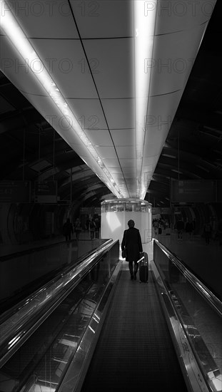 Black and white photography, escalator at the airport, Frankfurt am Main, Hesse, Germany, Europe