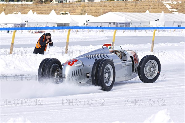 Auto Union C-Type, built 1936 on the frozen lake, faithful replica from the Audi Museum, The ICE, St. Moritz, Engadine, Switzerland, Europe