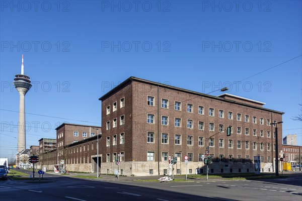 Duesseldorf Police Headquarters, left of the Rheinturm, Duesseldorf, North Rhine-Westphalia, Germany, Europe