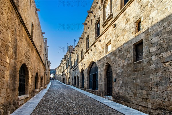 Knights Street in Old Town from the time of the Order of St. John, the only surviving 16th century street in late Gothic style, Oddos Ippoton, Rhodes Town, Greece, Europe