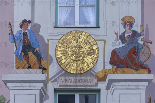 Sun and painting above the entrance of Hotel Sonne, Bad Hindelang, Bavaria, Germany, Europe