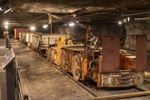 Hutchinson, Kansas, Old rail cars used in salt mining at the Strataca Underground Salt Mine Museum. Visitors can descend 650 feet and tour sections that have previously been mined. The Hutchinson Salt Company