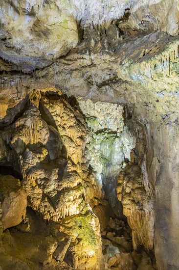 Baerenhoehle, with around 8, 000 visitors a year, the dripstone cave is the most visited show cave in the Swabian Alb, Sonnenbuehl, Baden-Wuerttemberg, Germany, Europe