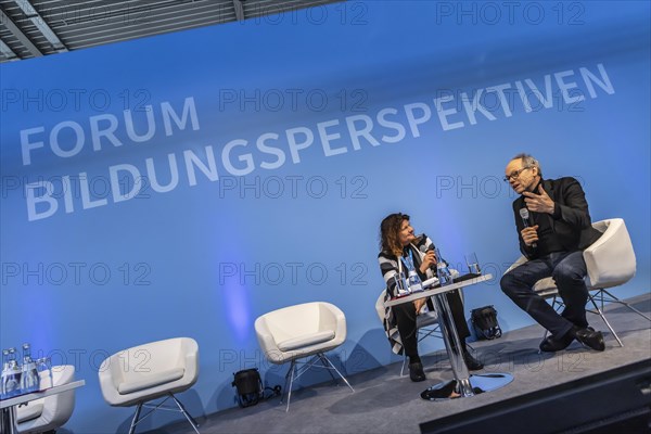 Kai Gniffke, Director-General of SWR as well as Chairman of ARD, in conversation with Maya Goetz from BR, Didacta trade fair, Europes largest education trade fair, Stuttgart, Baden-Wuerttemberg, Germany, Europe