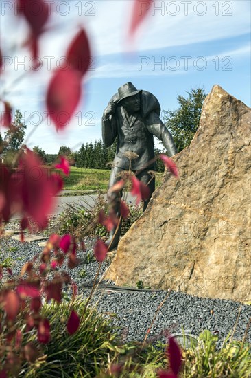 The Smuggler, this monument commemorates the time of coffee smuggling from 1945-1953 at the German-Belgian border, North Eifel, Monschau, North Rhine-Westphalia, North Rhine-Westphalia, Germany, Europe