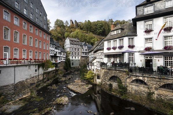 Historic old town of Monschau, left Red House and fortifications on the Rur, Monschau, North Rhine-Westphalia, North Rhine-Westphalia, Germany, Europe