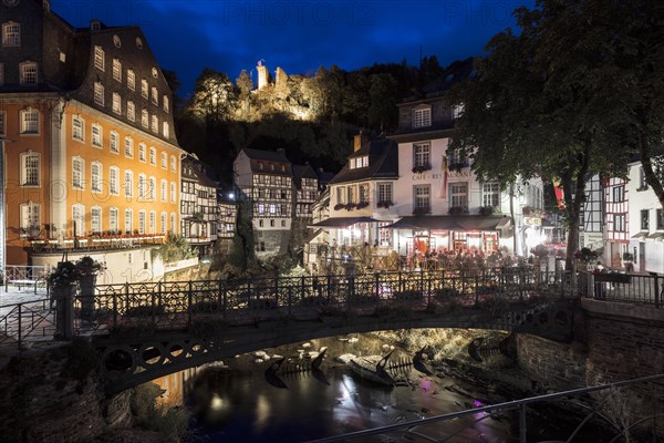 Historic Old Town on the Rur in the Evening, Red House, Eifel, Northern Eifel, Monschau, North Rhine-Westphalia, North Rhine-Westphalia, Germany, Europe