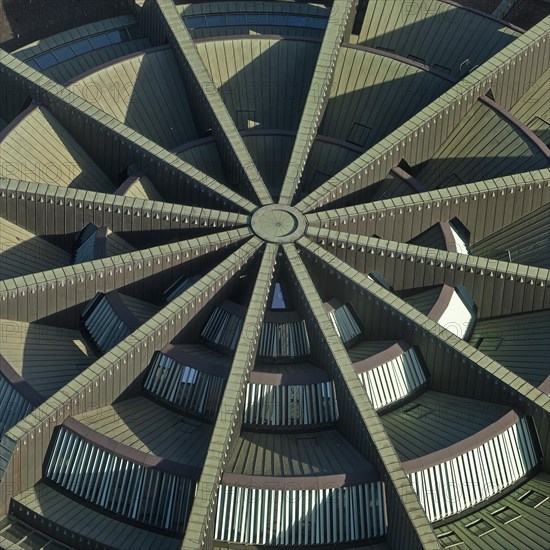 Landtag building of North Rhine-Westphalia in the style of structuralism seen from above, Duesseldorf, North Rhine-Westphalia, Germany, Europe