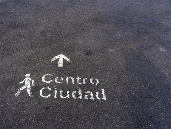 Signpost on the asphalt floor, Lanazrote, Canary Islands, Spain, Europe