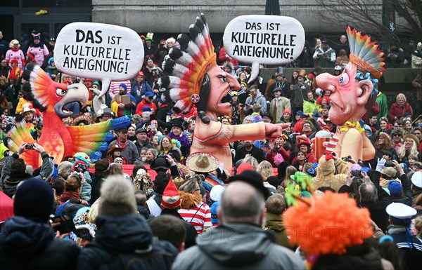 Theme floats by Jaques Tilly: Cultural appropriation, Rosenmontagszug in Duesseldorf, North Rhine-Westphalia