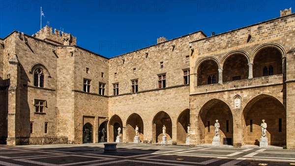 Inner courtyard surrounded by arcades with statues from Hellenistic and Roman times, Grand Masters Palace built in the 14th century by the Johnnite Order, fortress and palace for the Grand Master, UNESCO World Heritage Site, Old Town, Rhodes Town, Greece, Europe